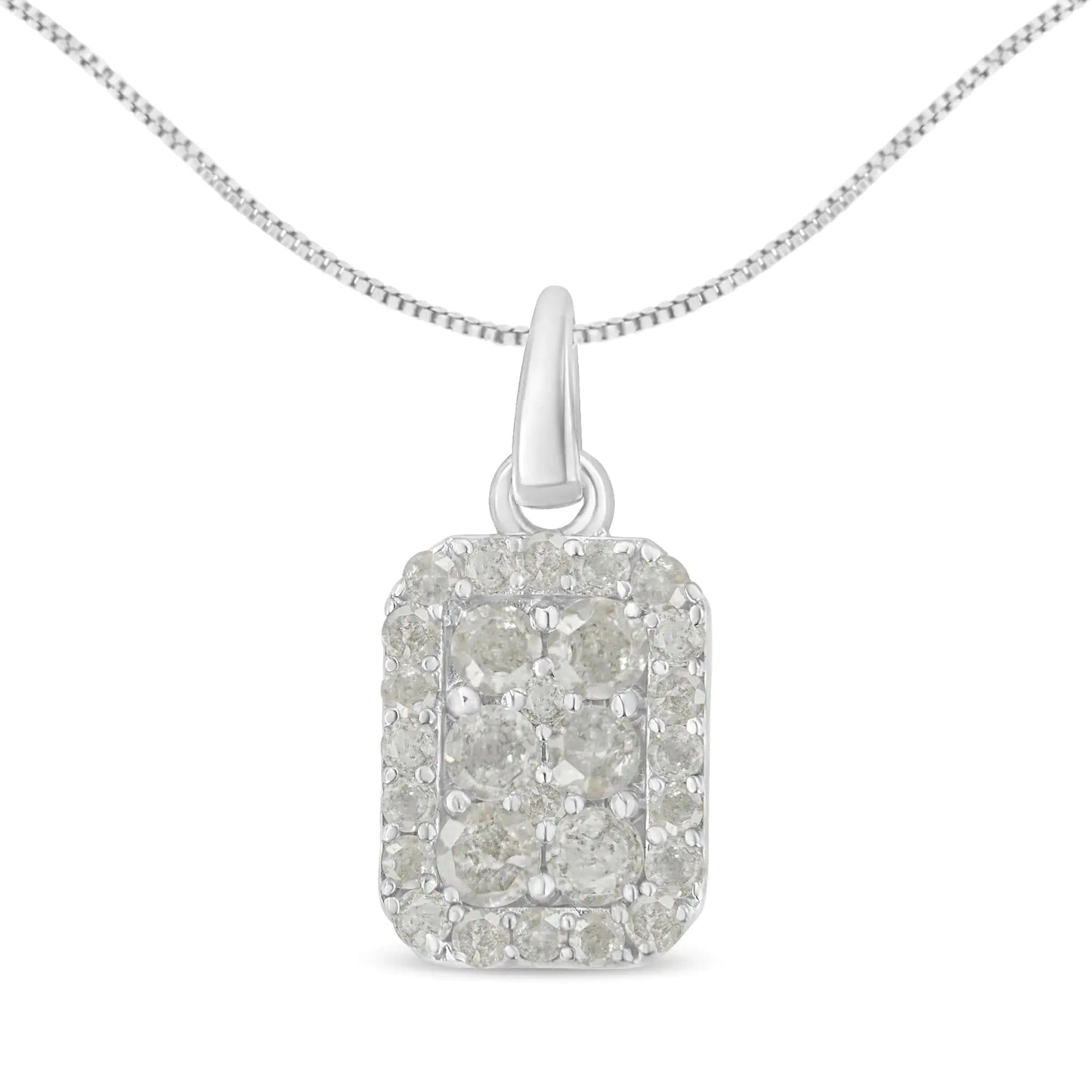 .925 Sterling Silver 1 cttw Diamond Block Pendant Necklace (I-J, I3-Promo)