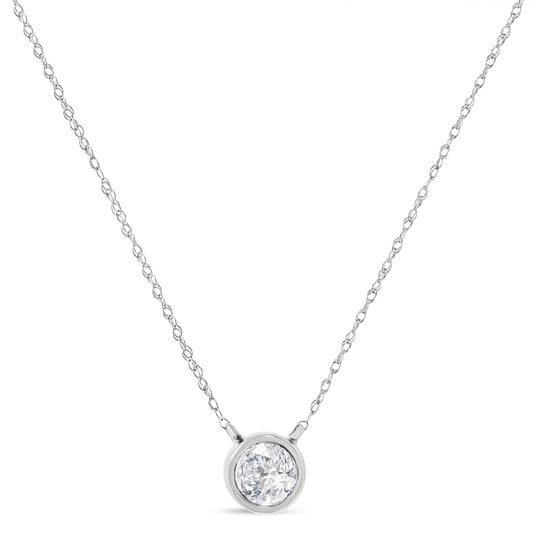 AGS Certified 10K Gold Bezel Set Round Diamond Solitaire 16-18" Adjustable Pendant Necklace (H-I Color, SI1-SI2 Clarity)