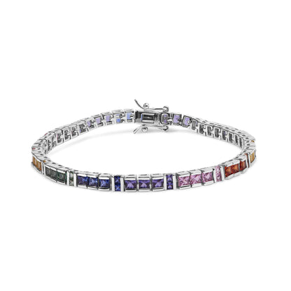 .925 Sterling Silver 12.0 Cttw Multi Colored Princess Cut Gemstone Link Tennis Bracelet (AAA Quality) - 7.25" Inches