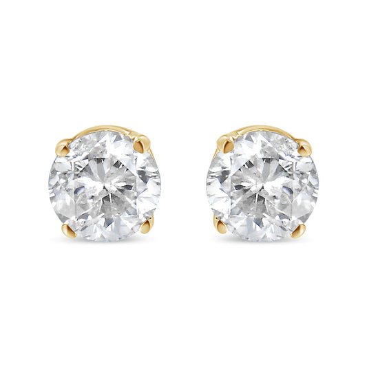 AGS Certified 1/2 Cttw Round Brilliant-Cut Diamond 14K Yellow Gold Classic 4-Prong Solitaire Stud Earrings (J-K Color, I1-I2 Clarity)