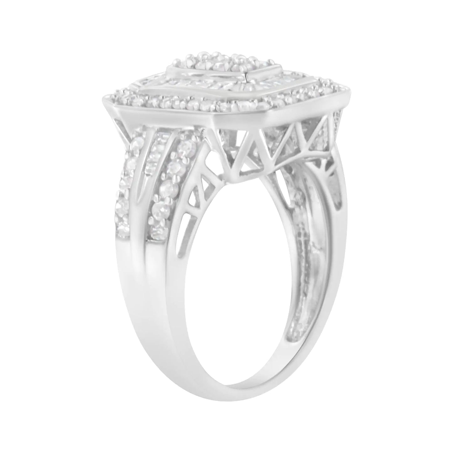 .925 Sterling Silver Round and Baguette Diamond Cathedral Ring (0.75 Cttw, H-I Color, I2-I3 Clarity)