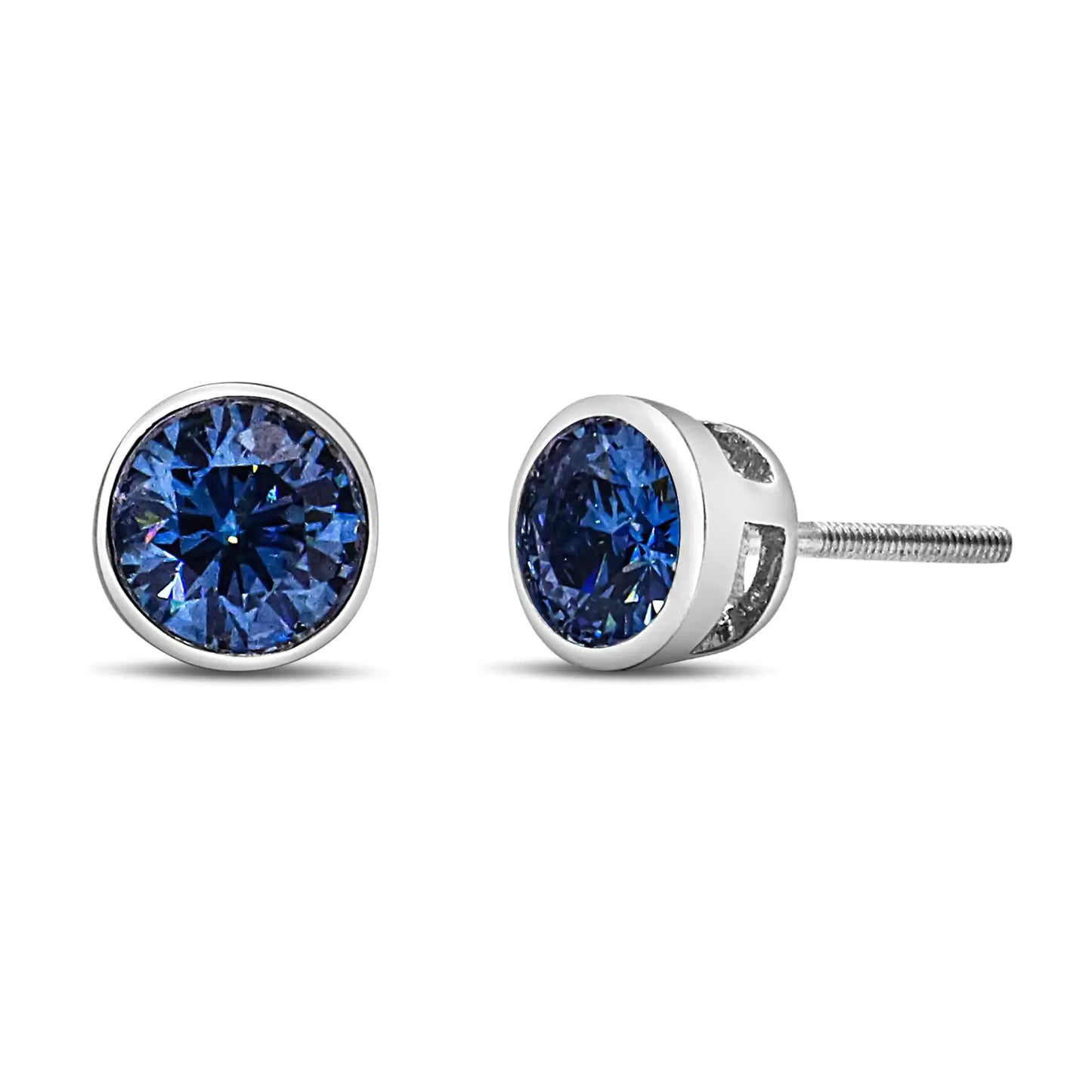 14K White Gold 1.0 Cttw Blue Lab Grown Diamond Screw-Back Classic Bezel Solitaire Stud Earrings (Blue Color, VS2-SI1 Clarity)