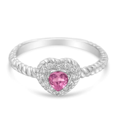 .925 Sterling Silver 4MM Pink Sapphire Heart and Diamond Accent Heart Ring (I-J Color, I2-I3 Clarity)