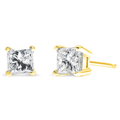 14K Yellow Gold Clarity Enhanced Princess Cut Diamond Certified Stud Earrings (0.50 cttw, H-I Color, I1-I2 Clarity)